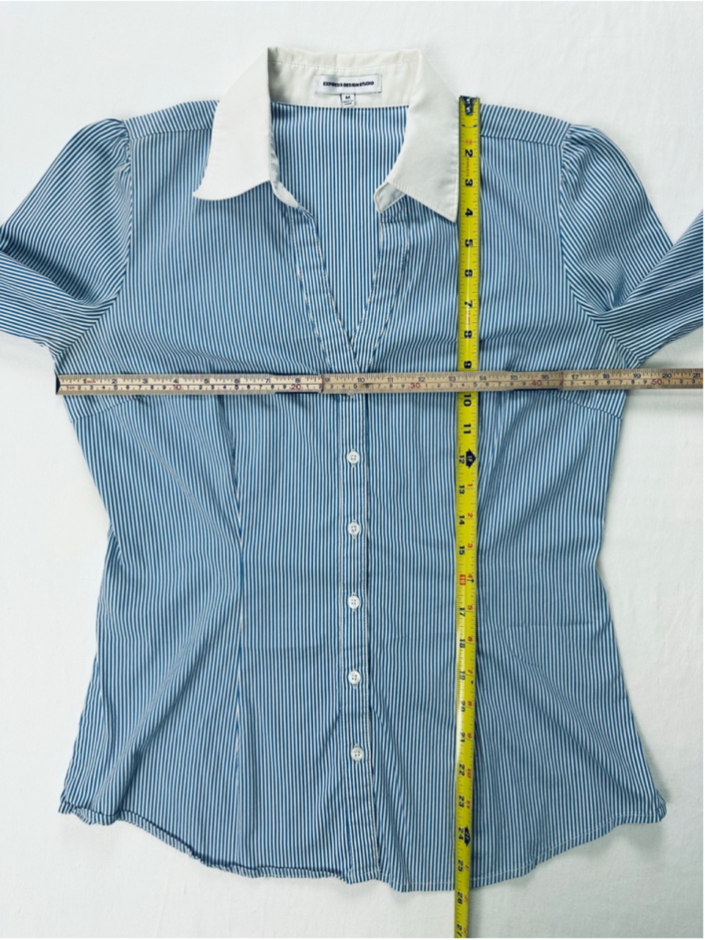 Express Design Studio Blue White Pinstripe Contrast Cuff Button Career Blouse - Picture 3 of 13